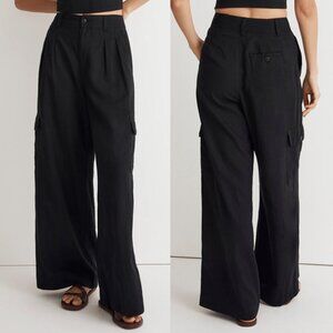 Madewell Wide Leg Cargo Pocket Pants High Waist Linen Blend Black Size 6 $98